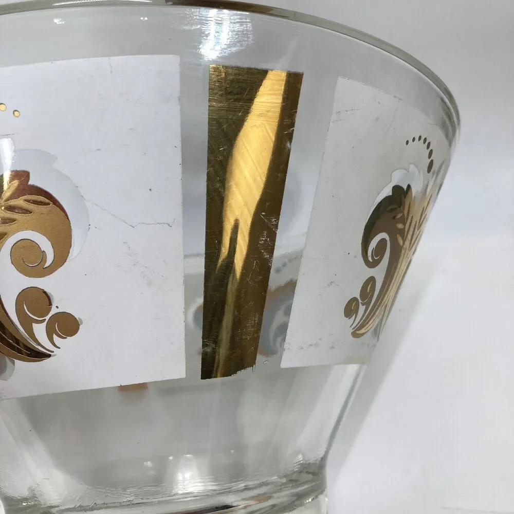 Vtg MCM Gilt Gold Fleur De Lis Wheat Medallion Salad Chip Bowl Libbey Clear Gold